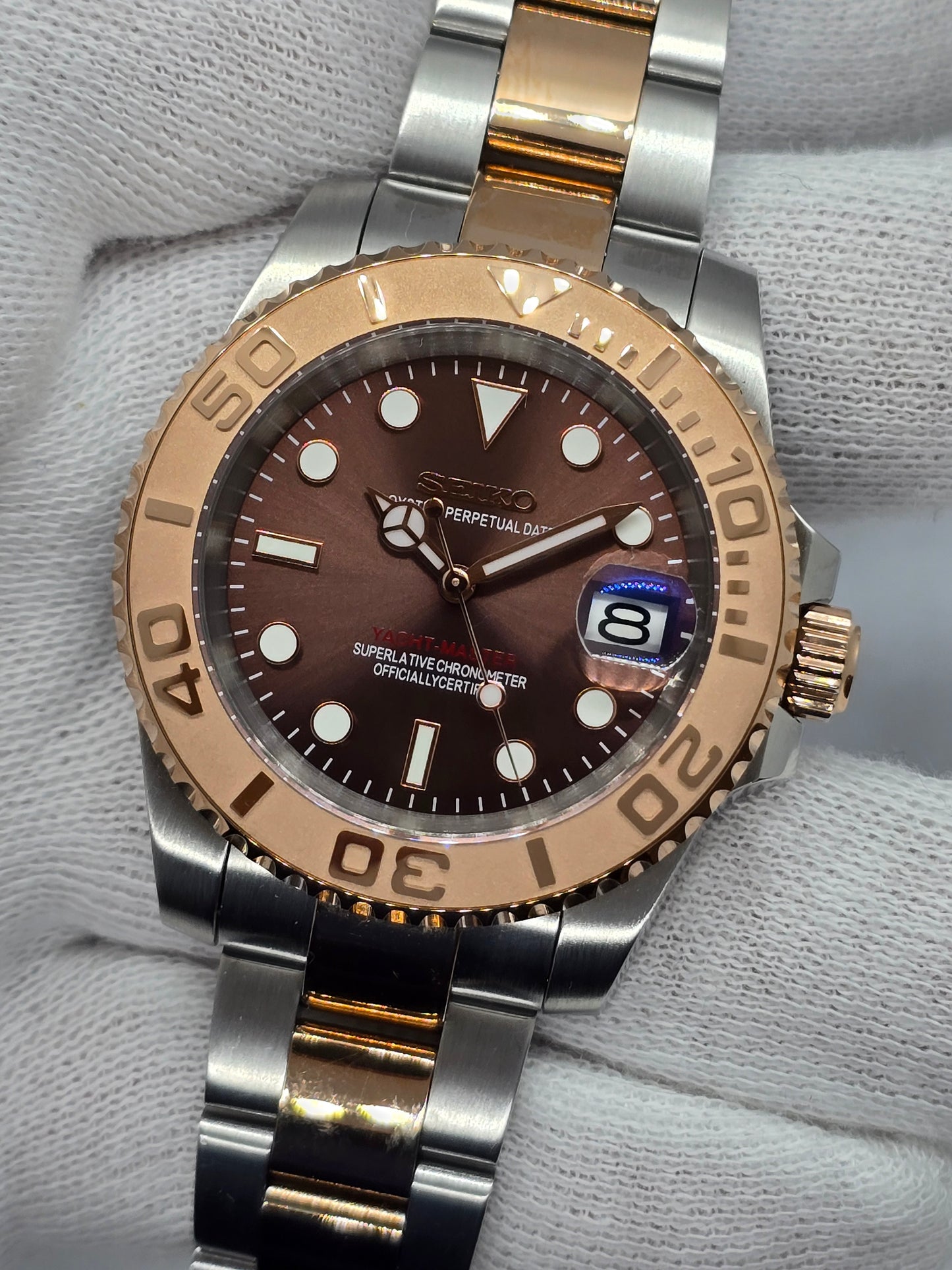 Seiko Mod Yachtmaster Chocolate Steel and Rose Gold Nh35 Automatic 40mm Custom