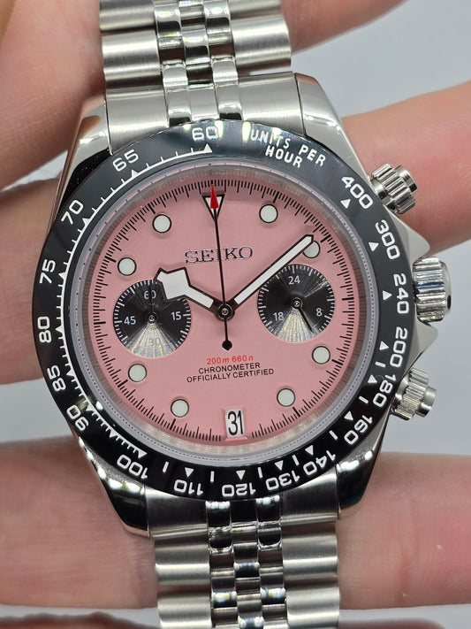 Orologio Mod Cronografo Rosa Vk63 quarzo vetro zaffiro lunetta ceramica