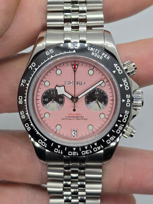 Seiko Mod Black Bay cronografo Pink Vk64 quarzo 40 mm lunetta ceramica