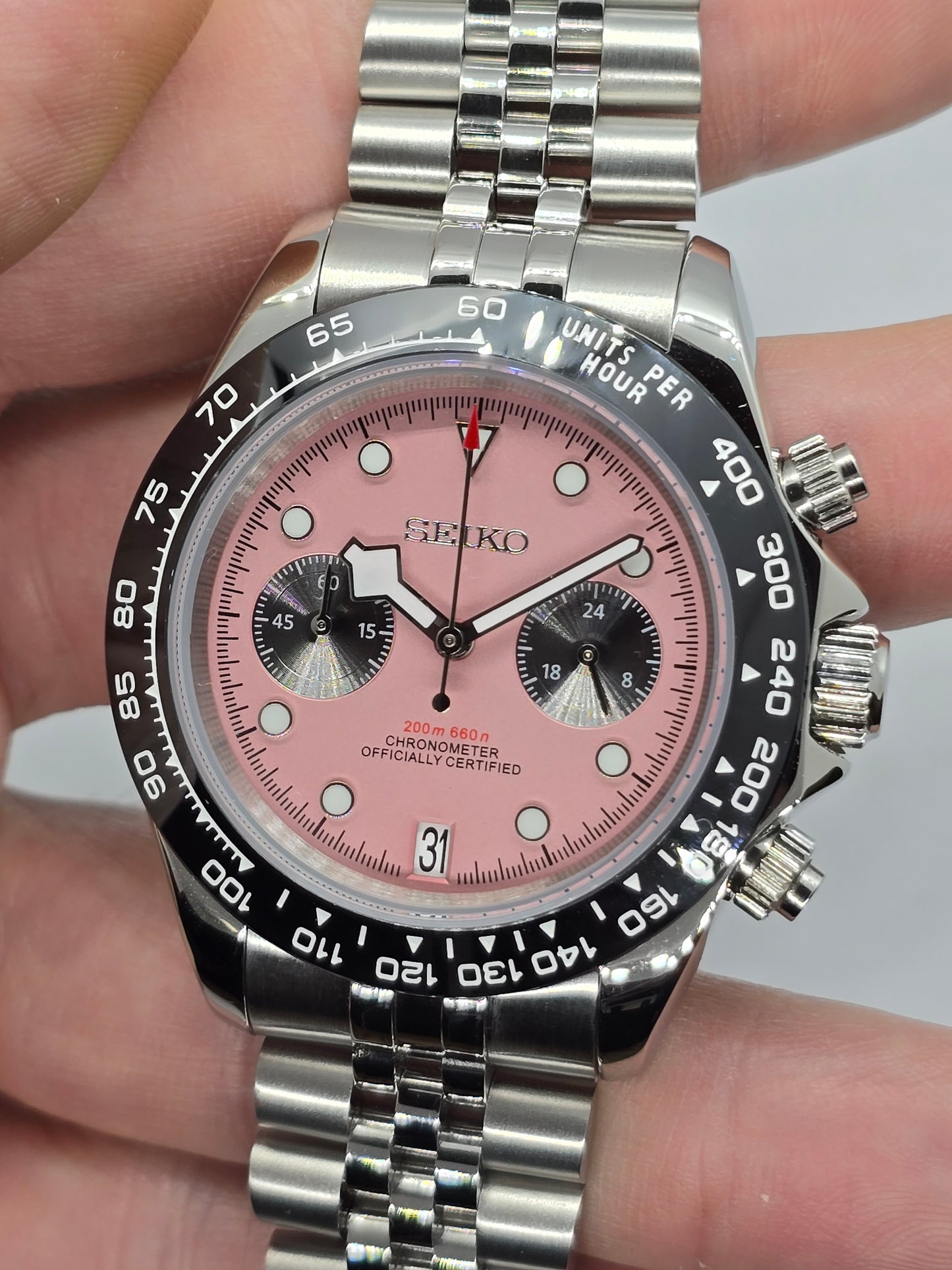 Seiko Mod Black Bay cronografo Pink Vk64 quarzo 40 mm lunetta ceramica