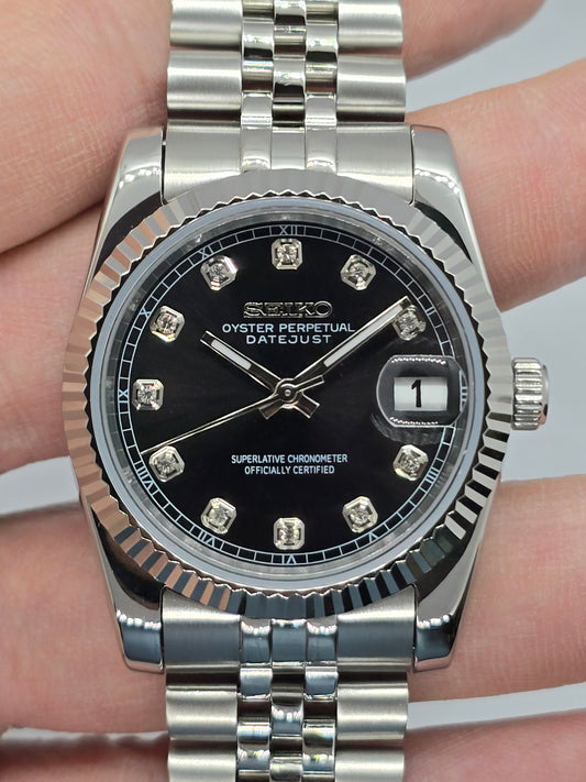 Seiko Mod Datejust nero Nh35 automatico 36mm vetro zaffiro