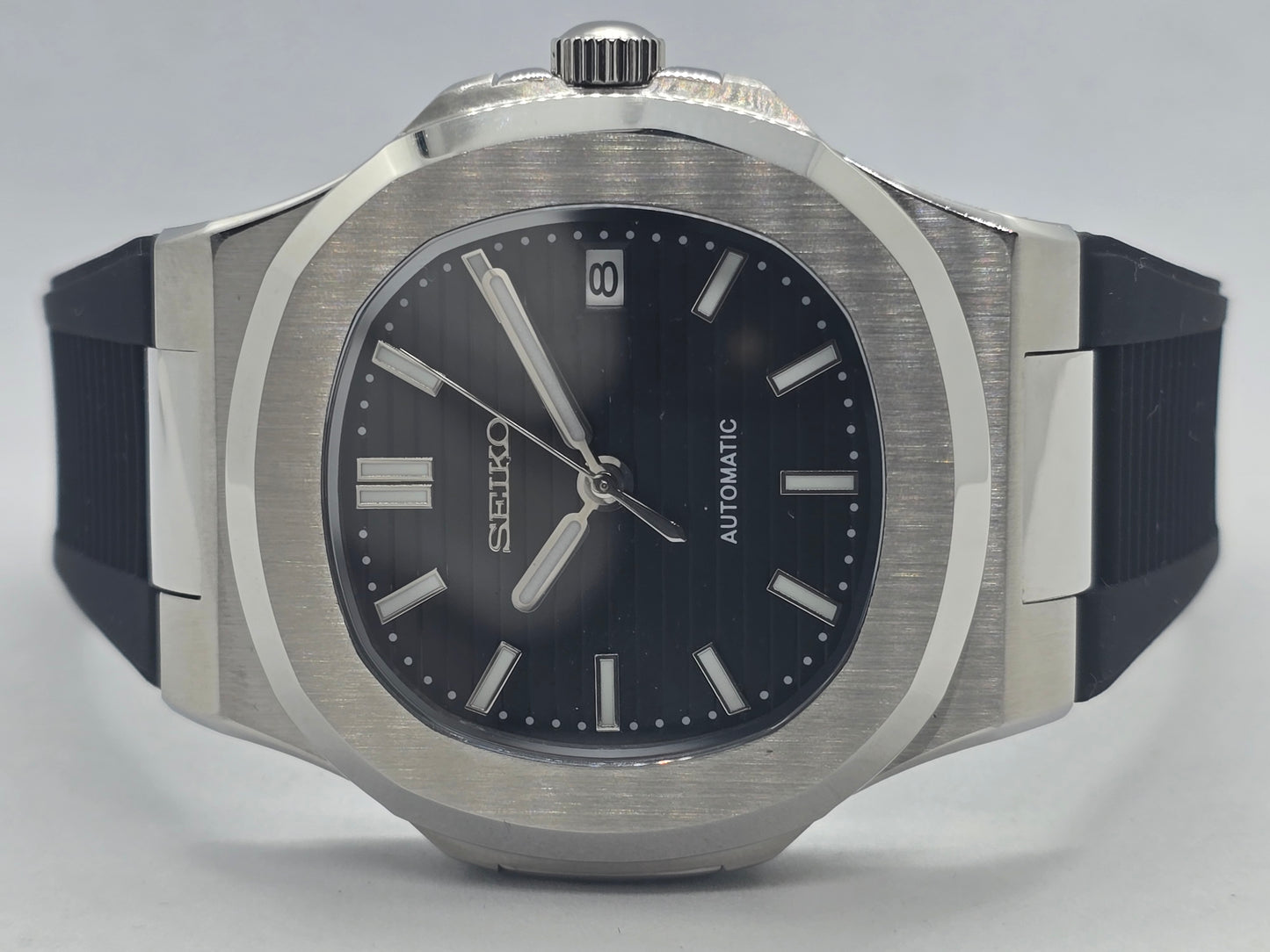 Seiko Mod Nautilus nero Nh35 automatico 40 mm vetro zaffiro con cinturino in gomma nero