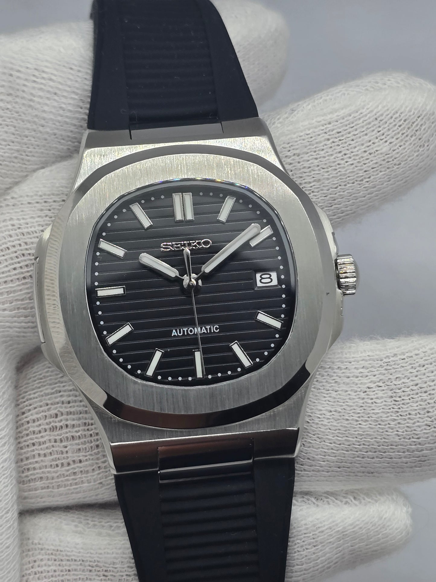 Seiko Mod Nautilus nero Nh35 automatico 40 mm vetro zaffiro con cinturino in gomma nero