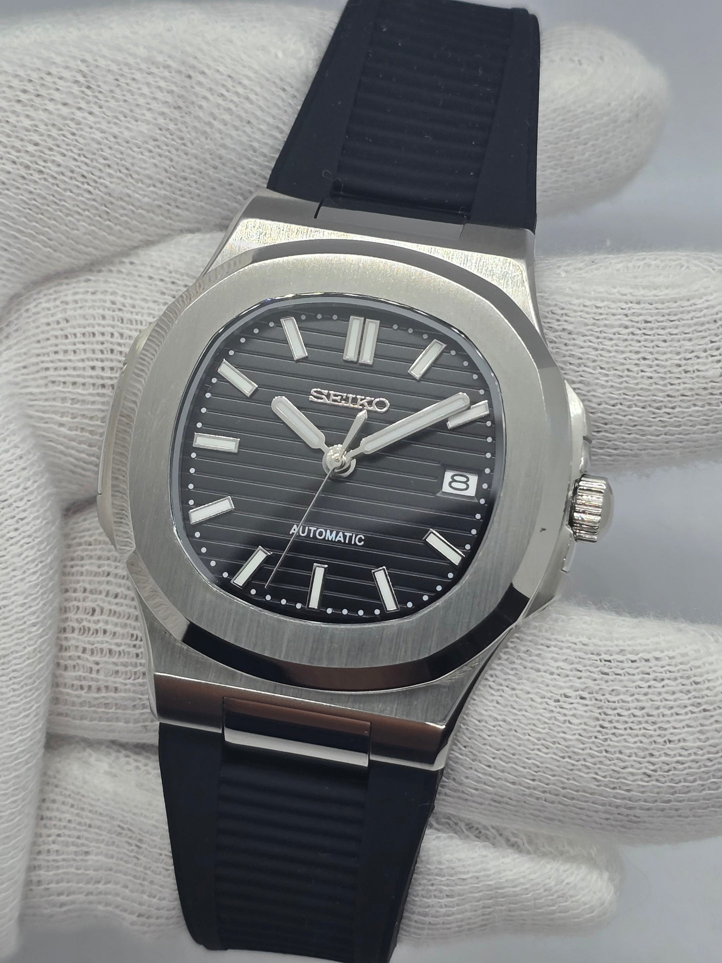 Seiko Mod Nautilus nero Nh35 automatico 40 mm vetro zaffiro con cinturino in gomma nero