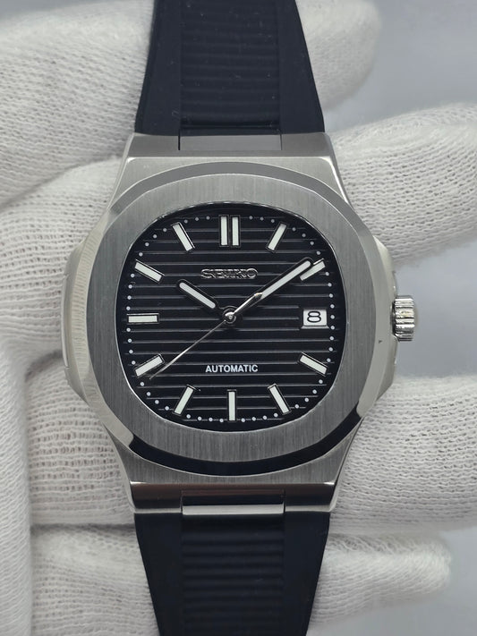 Seiko Mod Nautilus nero Nh35 automatico 40 mm vetro zaffiro con cinturino in gomma nero