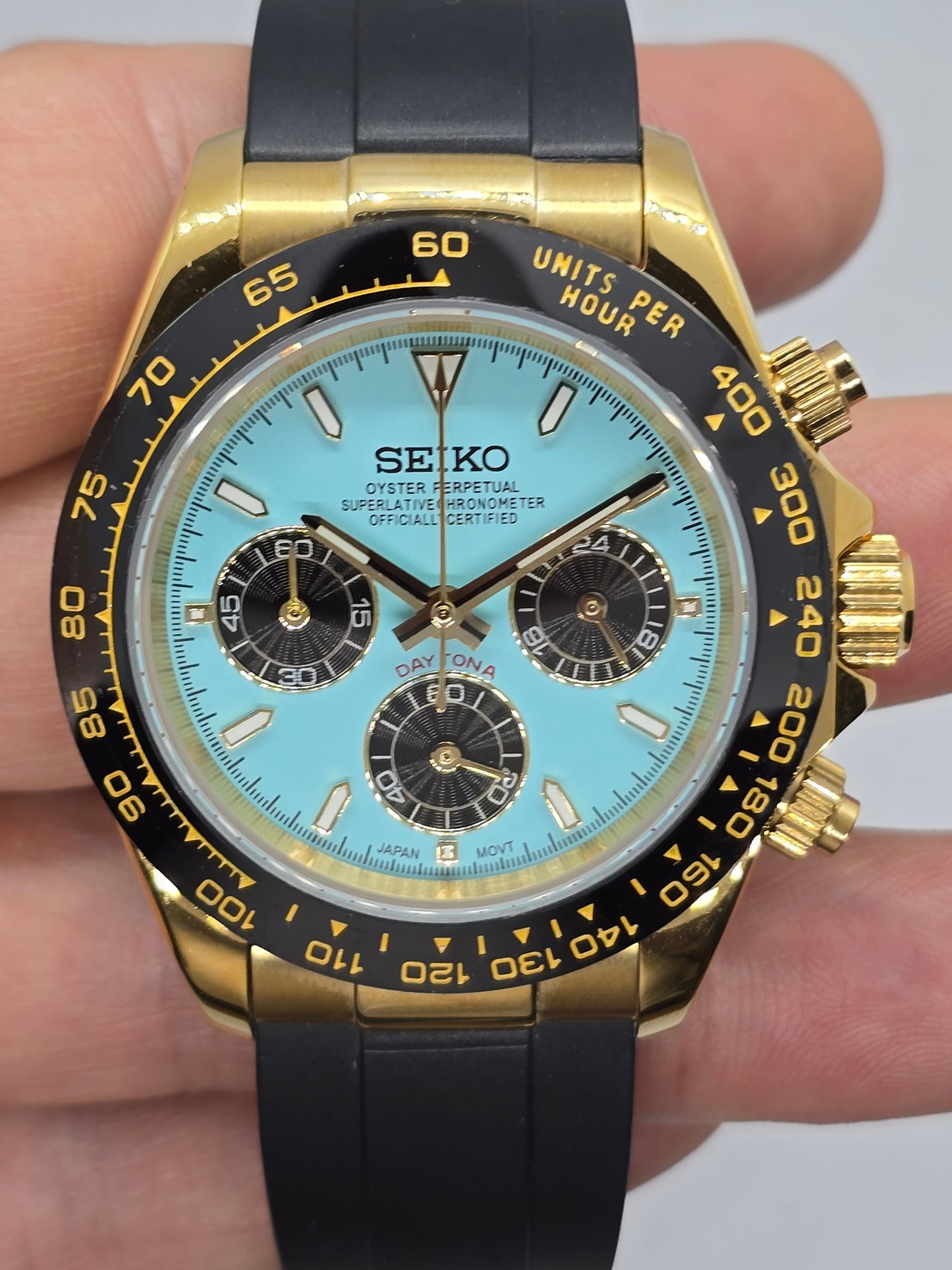 Seiko Mod Daytona Tiffany cronografo oro giallo Vk63 quarzo 40mm lunetta ceramica