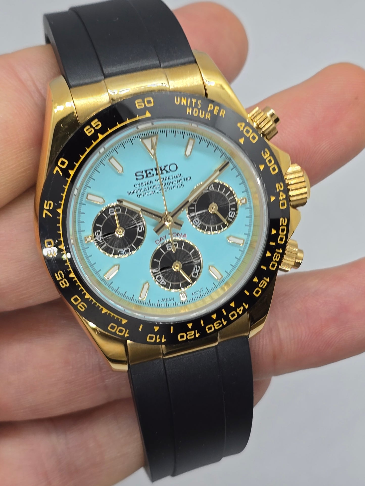 Seiko Mod Daytona Tiffany cronografo oro giallo Vk63 quarzo 40mm lunetta ceramica