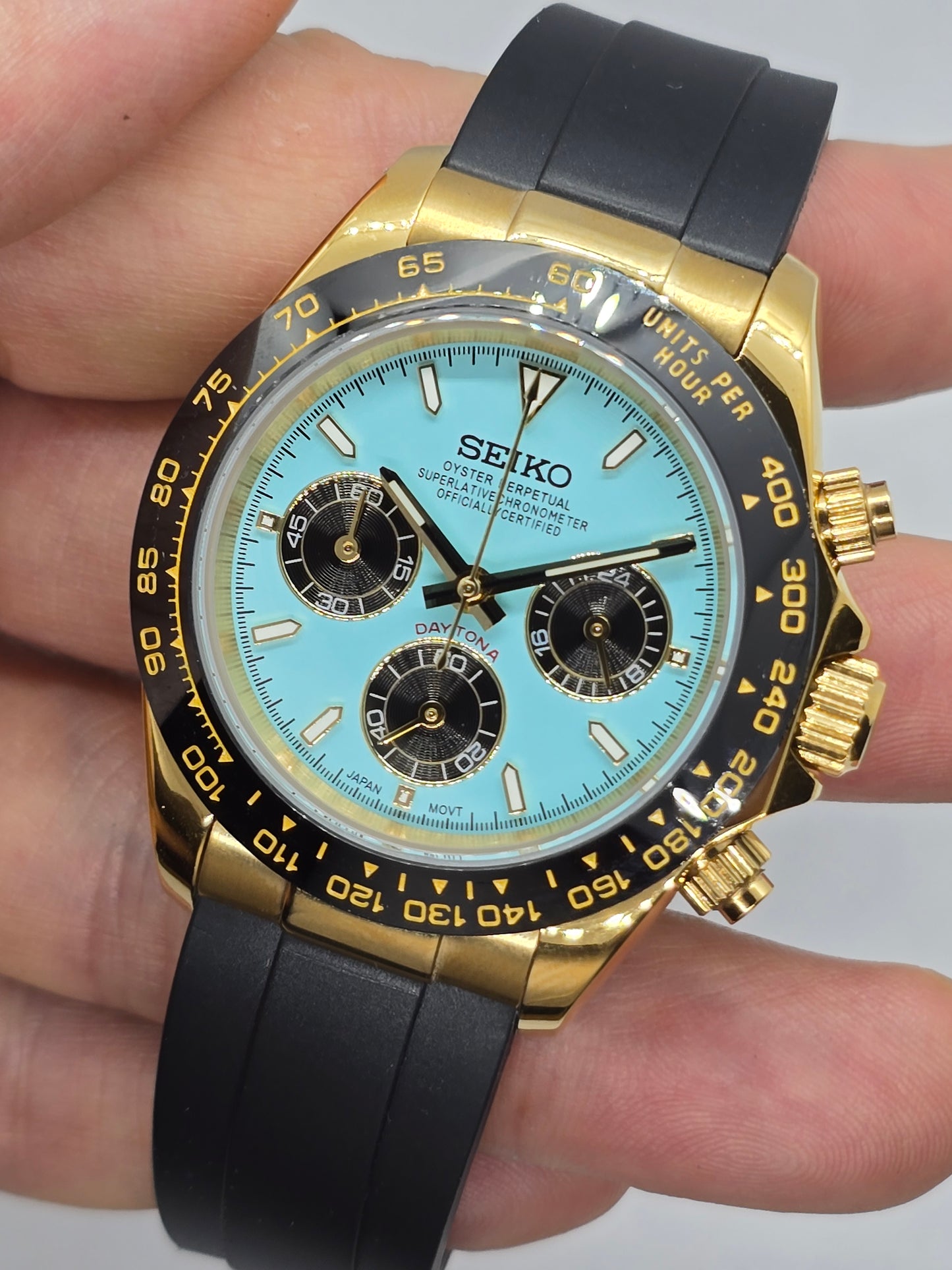 Seiko Mod Daytona Tiffany cronografo oro giallo Vk63 quarzo 40mm lunetta ceramica