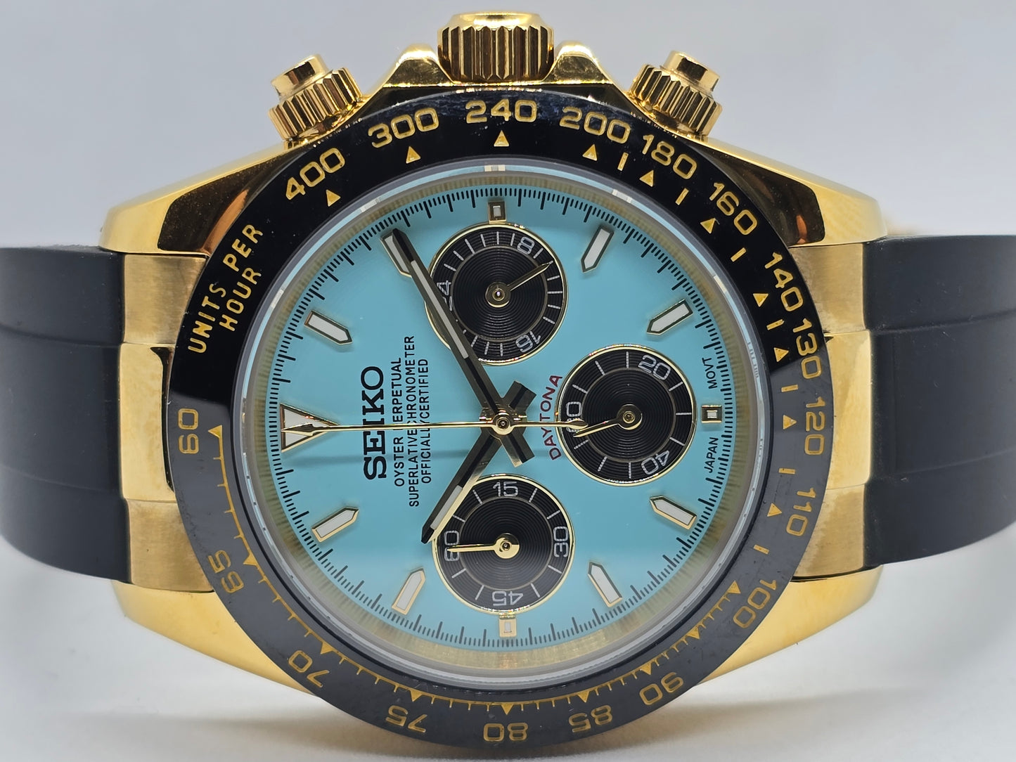 Seiko Mod Daytona Tiffany cronografo oro giallo Vk63 quarzo 40mm lunetta ceramica
