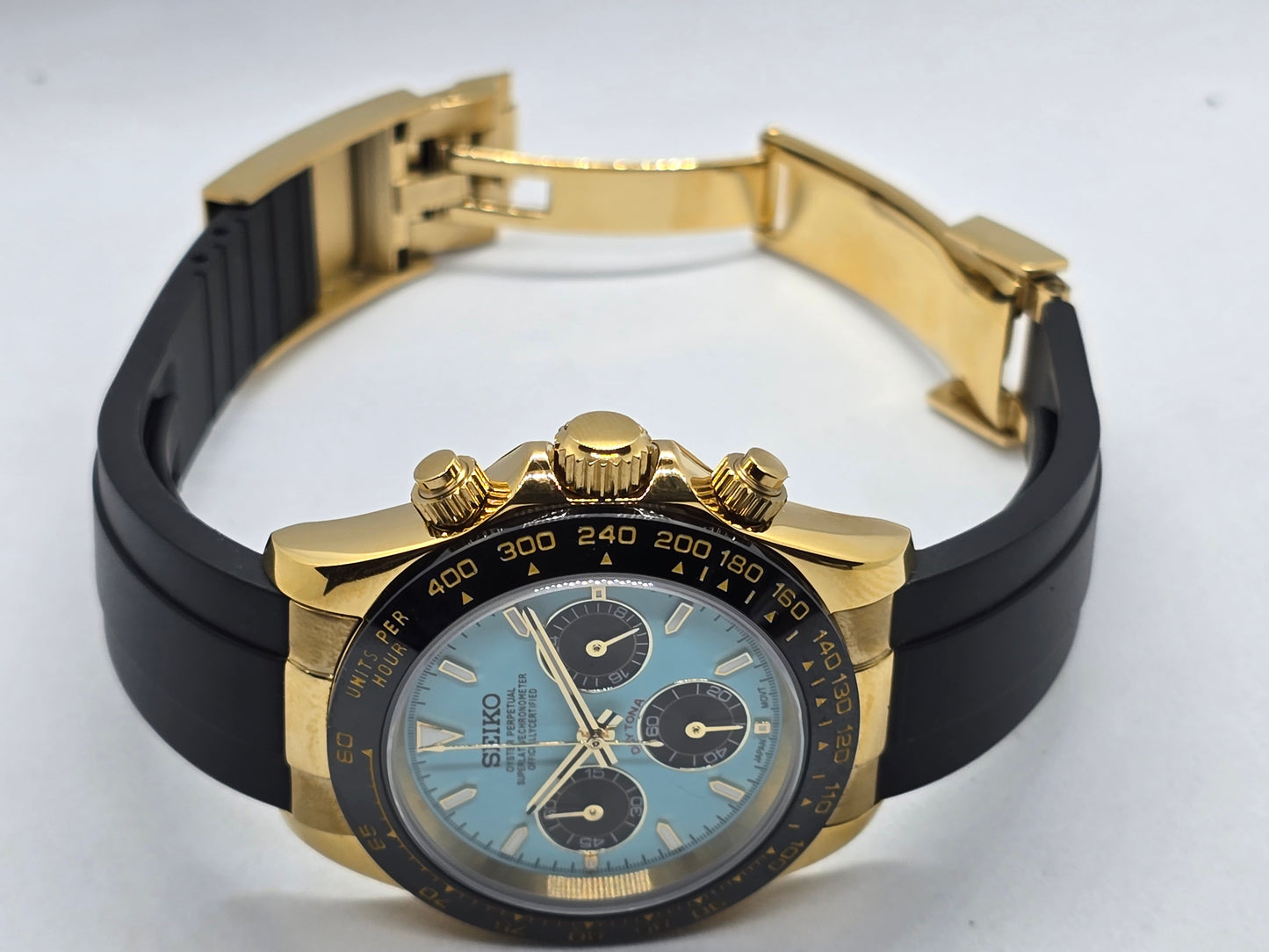 Seiko Mod Daytona Tiffany cronografo oro giallo Vk63 quarzo 40mm lunetta ceramica