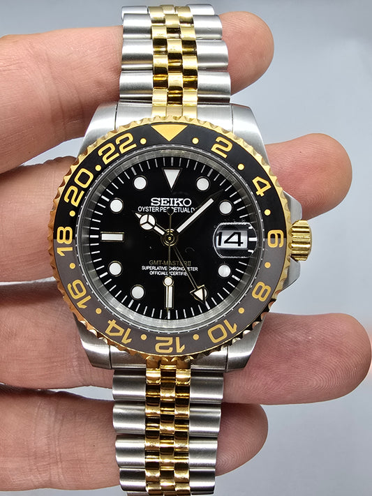 Seiko Mod Gmt acciaio e oro giallo Nh34 automatico 40 mm lunetta ceramica
