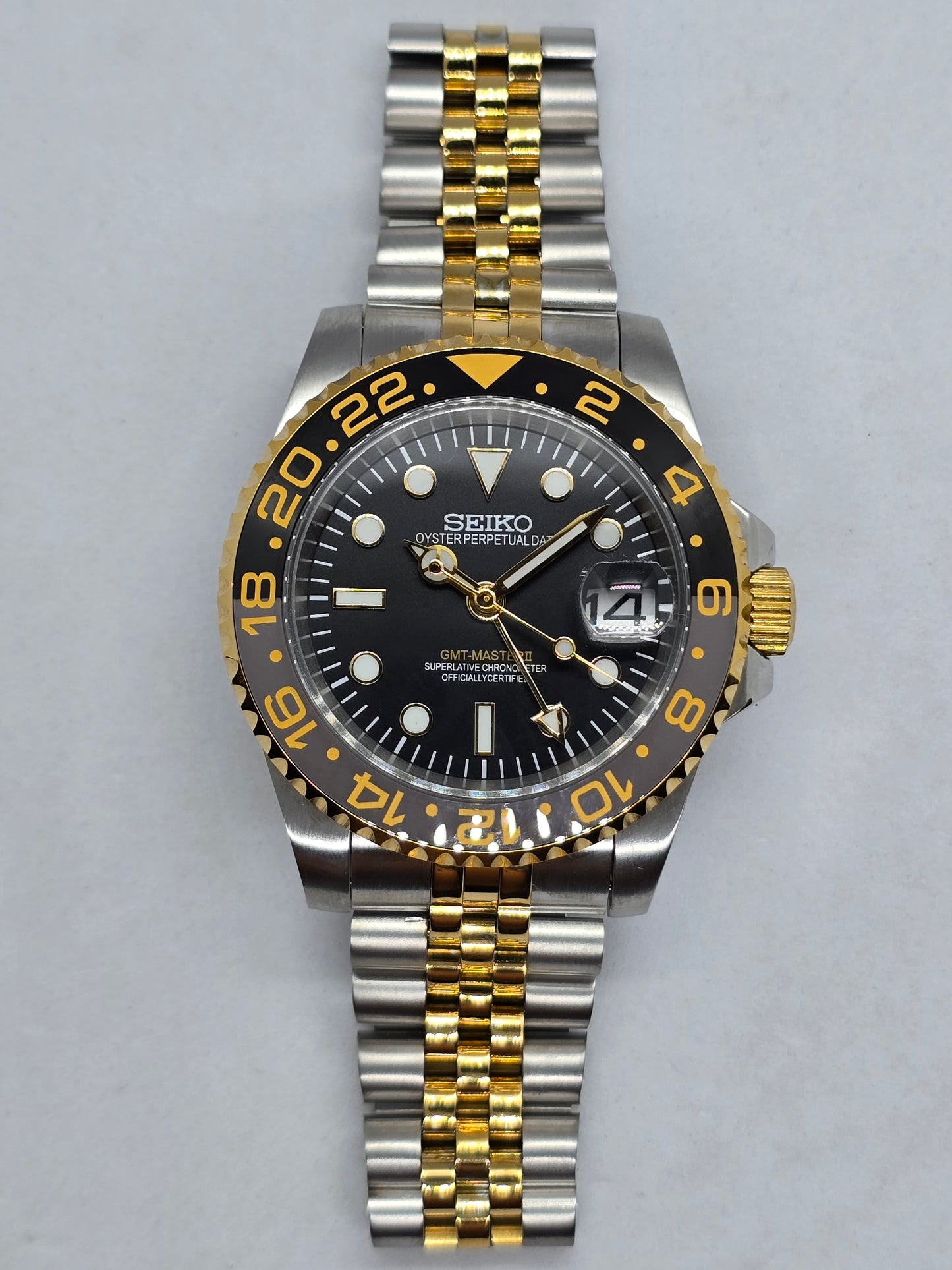 Seiko Mod Gmt acciaio e oro giallo Nh34 automatico 40 mm lunetta ceramica