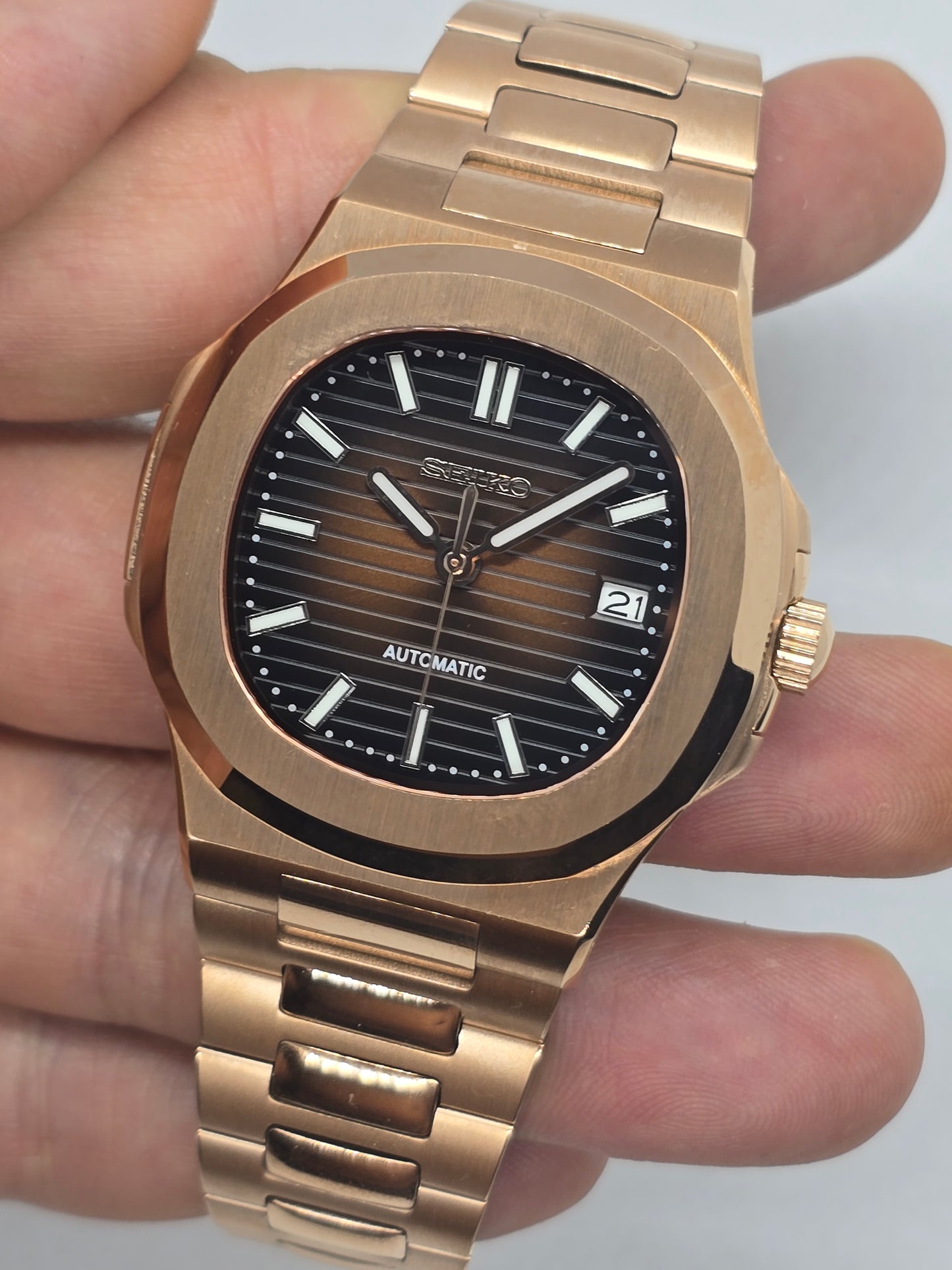 Seiko Mod Nautilus oro rosa Nh35 automatico 40mm vetro zaffiro