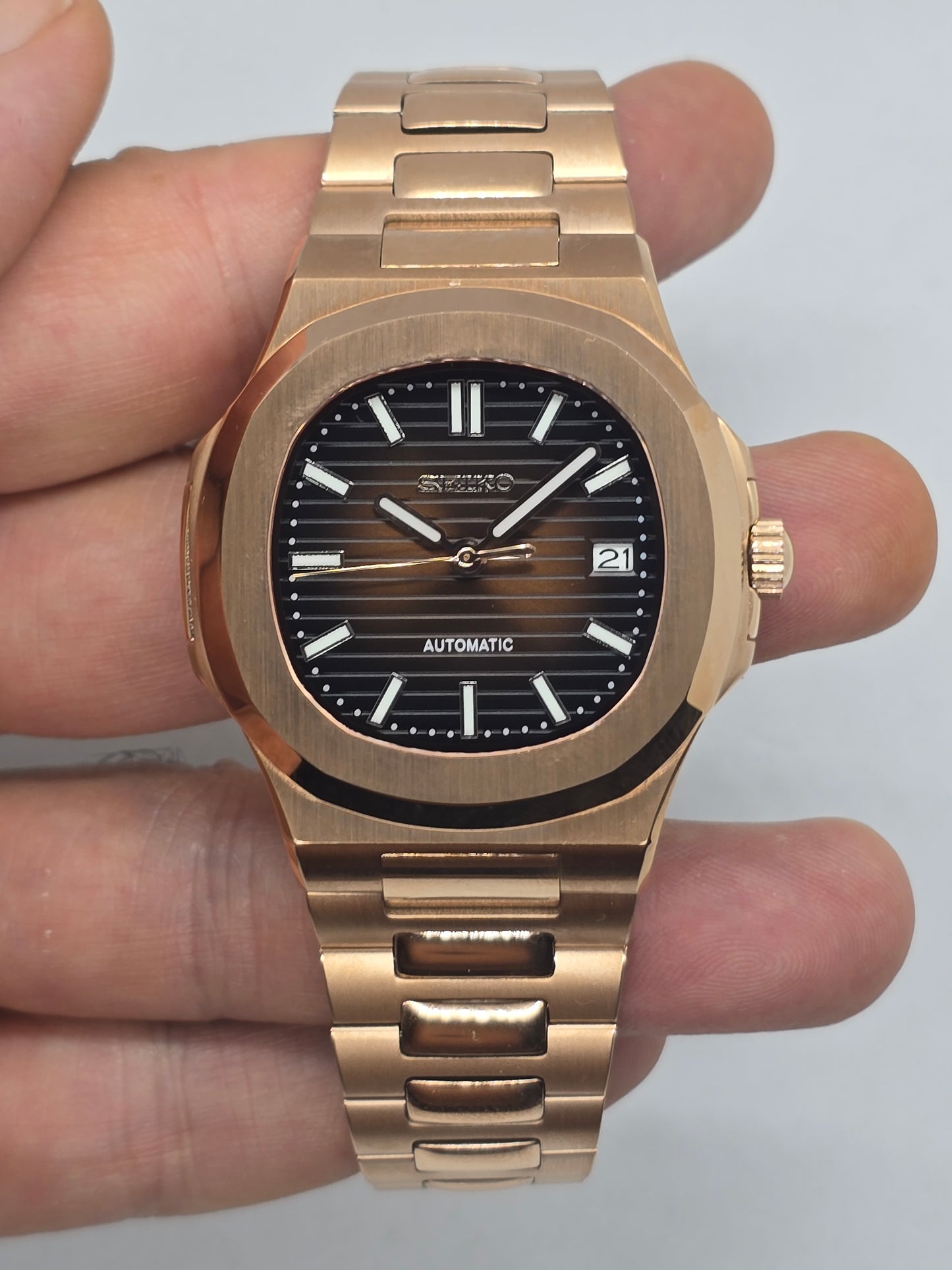 Seiko Mod Nautilus oro rosa Nh35 automatico 40mm vetro zaffiro