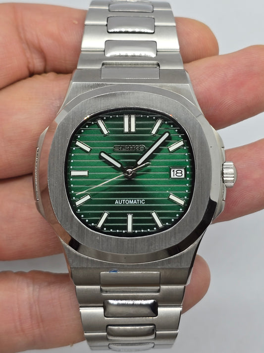 Seiko Mod Nautilus verde Nh35 automatico vetro zaffiro