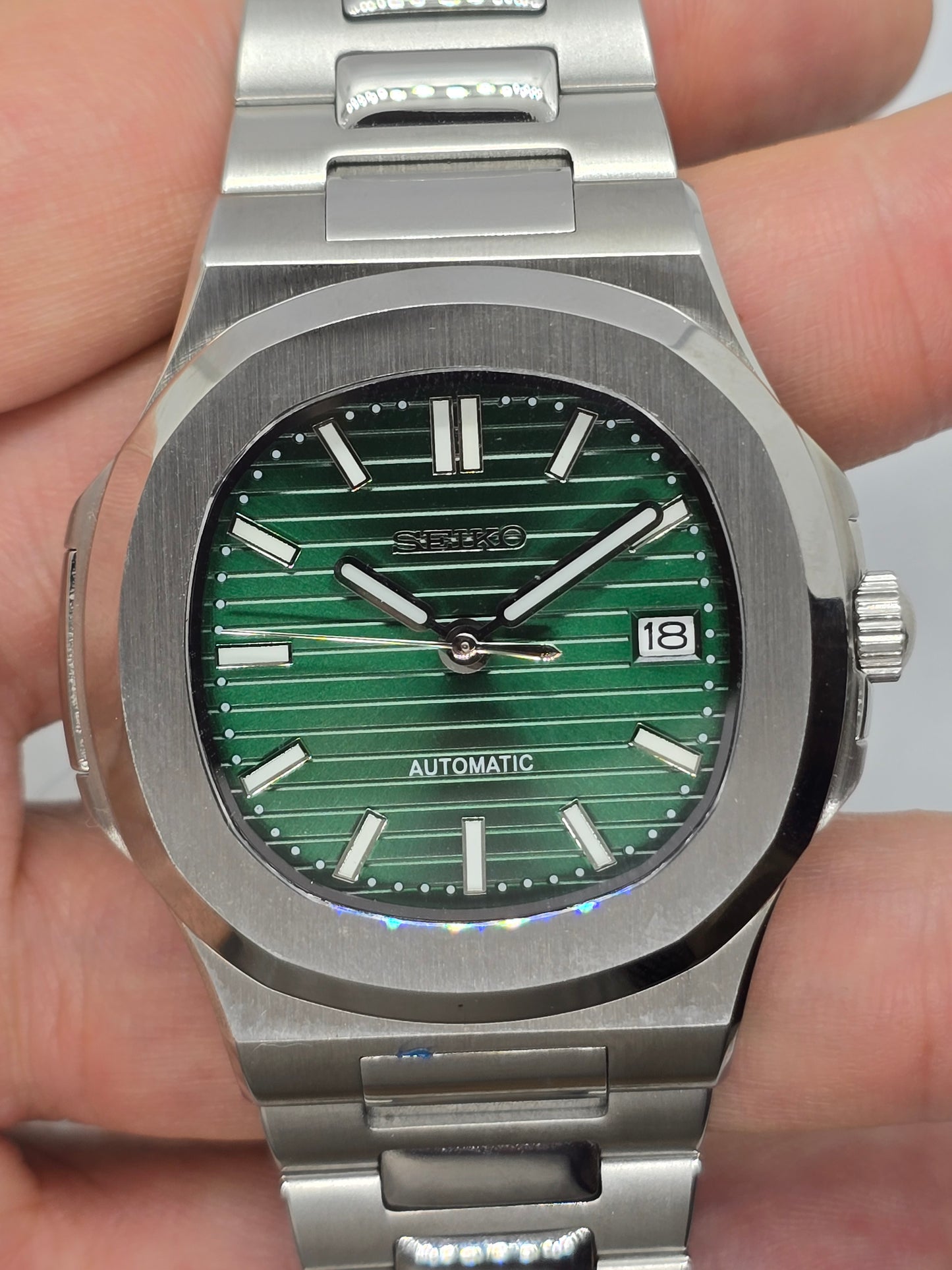Seiko Mod Nautilus verde Nh35 automatico vetro zaffiro