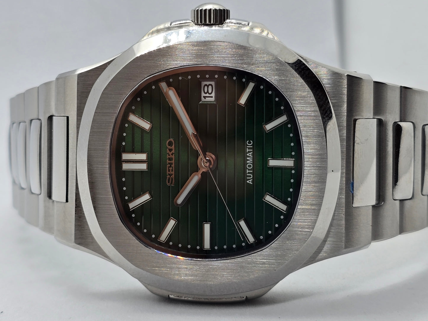 Seiko Mod Nautilus verde Nh35 automatico vetro zaffiro