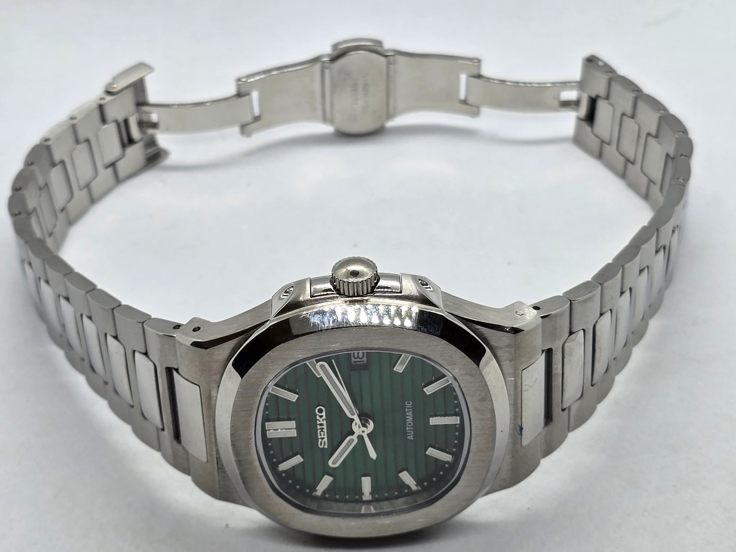 Seiko Mod Nautilus verde Nh35 automatico vetro zaffiro