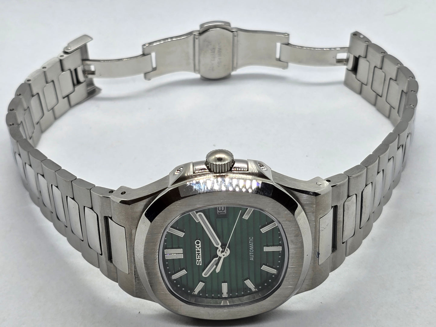 Seiko Mod Nautilus verde Nh35 automatico vetro zaffiro
