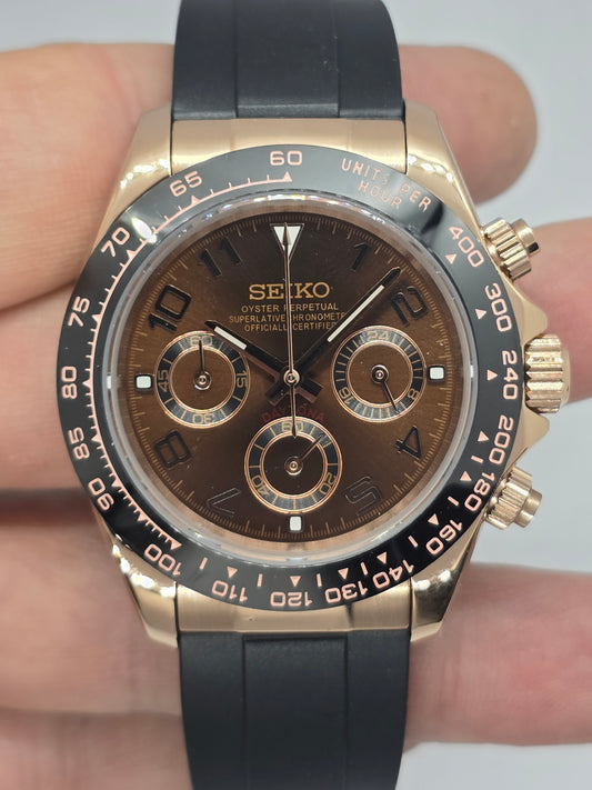 Seiko Mod Daytona Chocolate cronografo oro rosa Vk63 quarzo lunetta ceramica