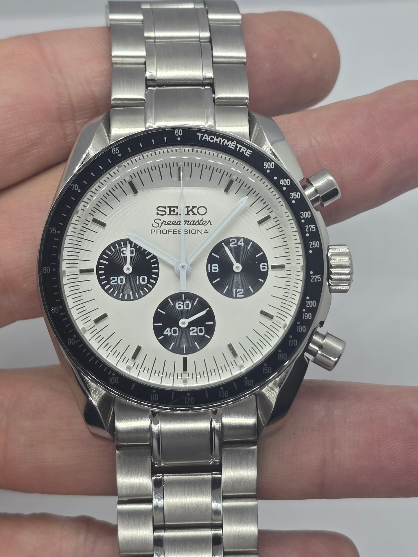 Seiko Mod Speedmaster bianco Moonwatch Cronografo Vk63 quarzo 40 mm lunetta ceramica
