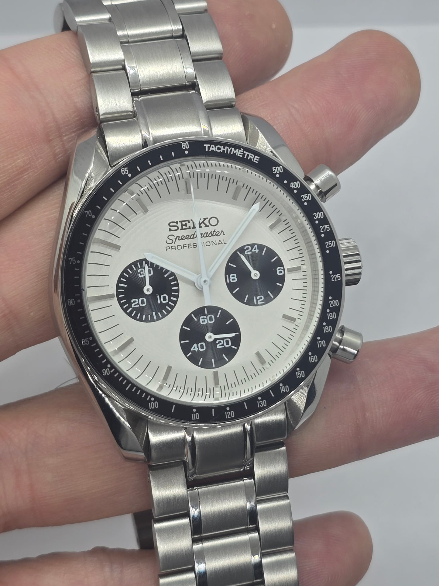 Seiko Mod Speedmaster bianco Moonwatch Cronografo Vk63 quarzo 40 mm lunetta ceramica
