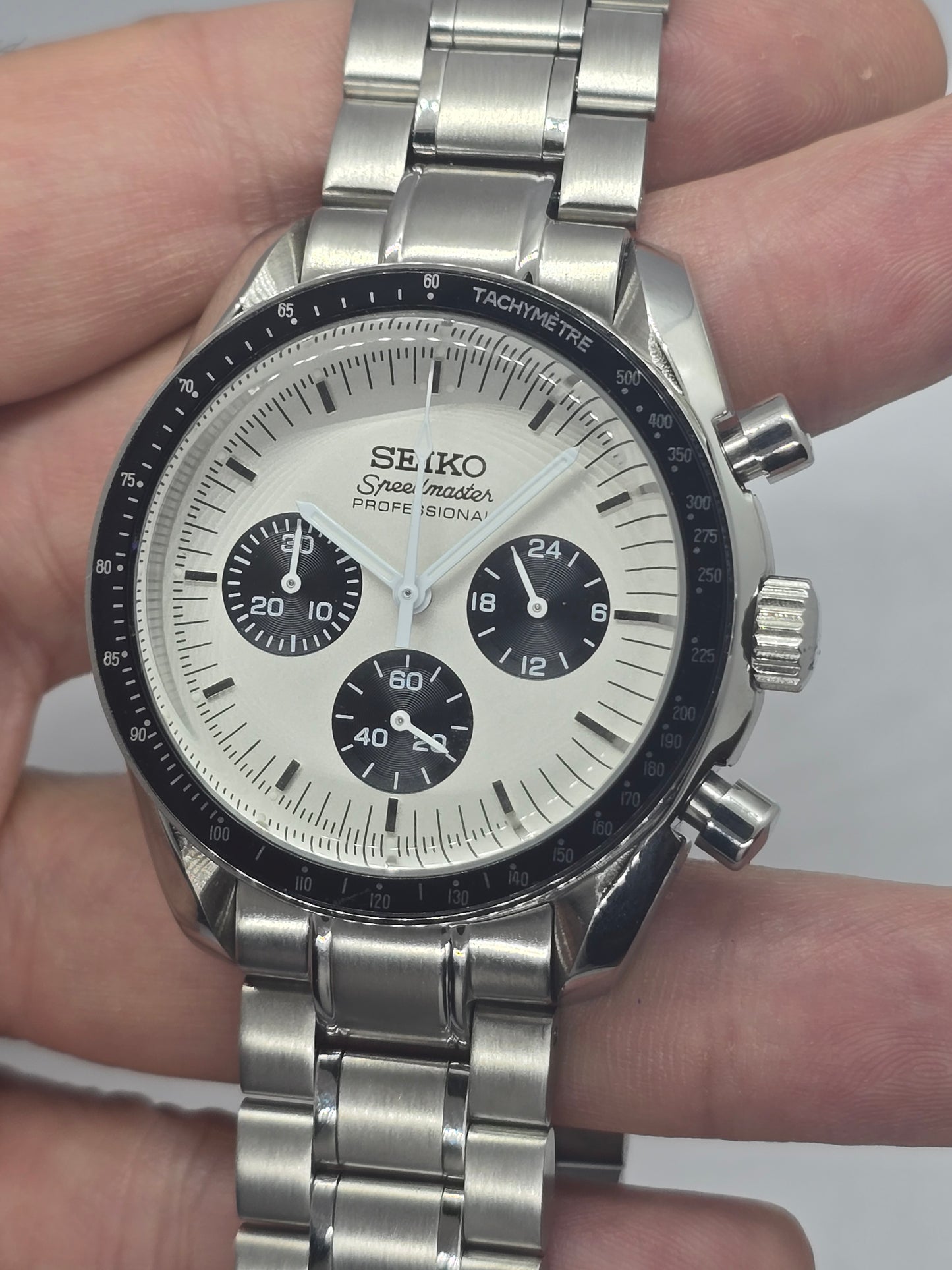 Seiko Mod Speedmaster bianco Moonwatch Cronografo Vk63 quarzo 40 mm lunetta ceramica