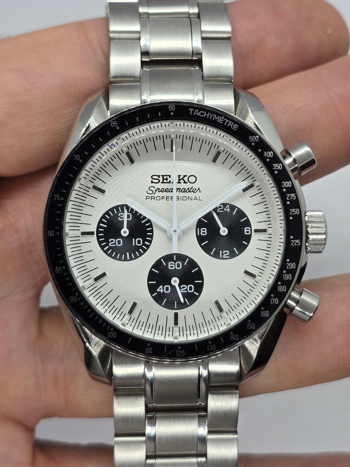Seiko Mod Speedmaster bianco Moonwatch Cronografo Vk63 quarzo 40 mm lunetta ceramica
