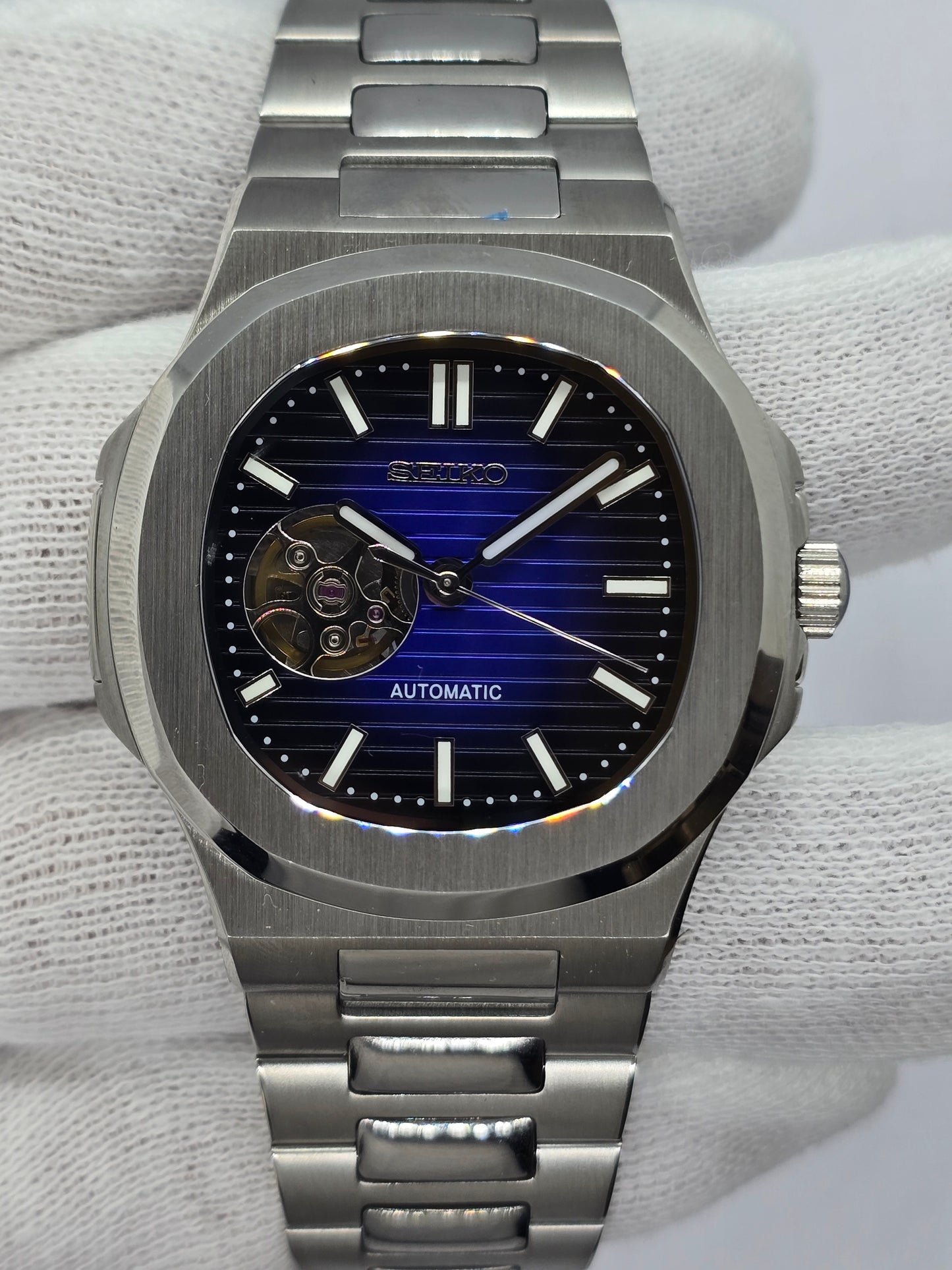 Seiko Mod Nautilus blu "Open Hearth" Nh38 automatico vetro zaffiro
