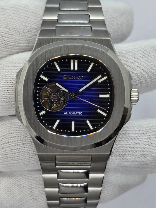 Seiko Mod Nautilus blu "Open Hearth" Nh38 automatico vetro zaffiro