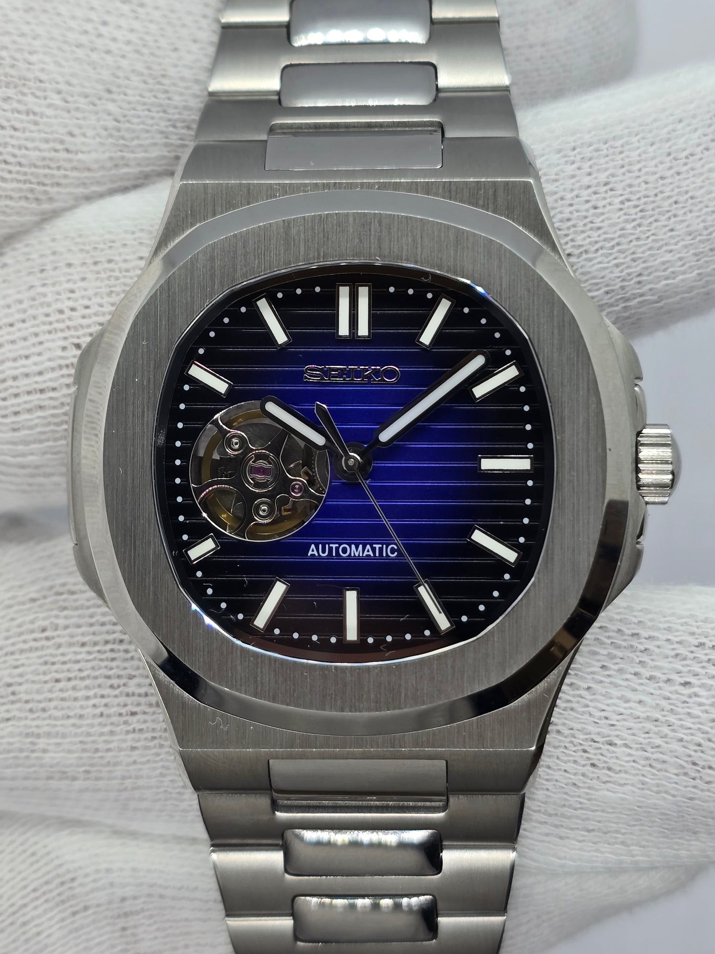 Seiko Mod Nautilus blu "Open Hearth" Nh38 automatico vetro zaffiro