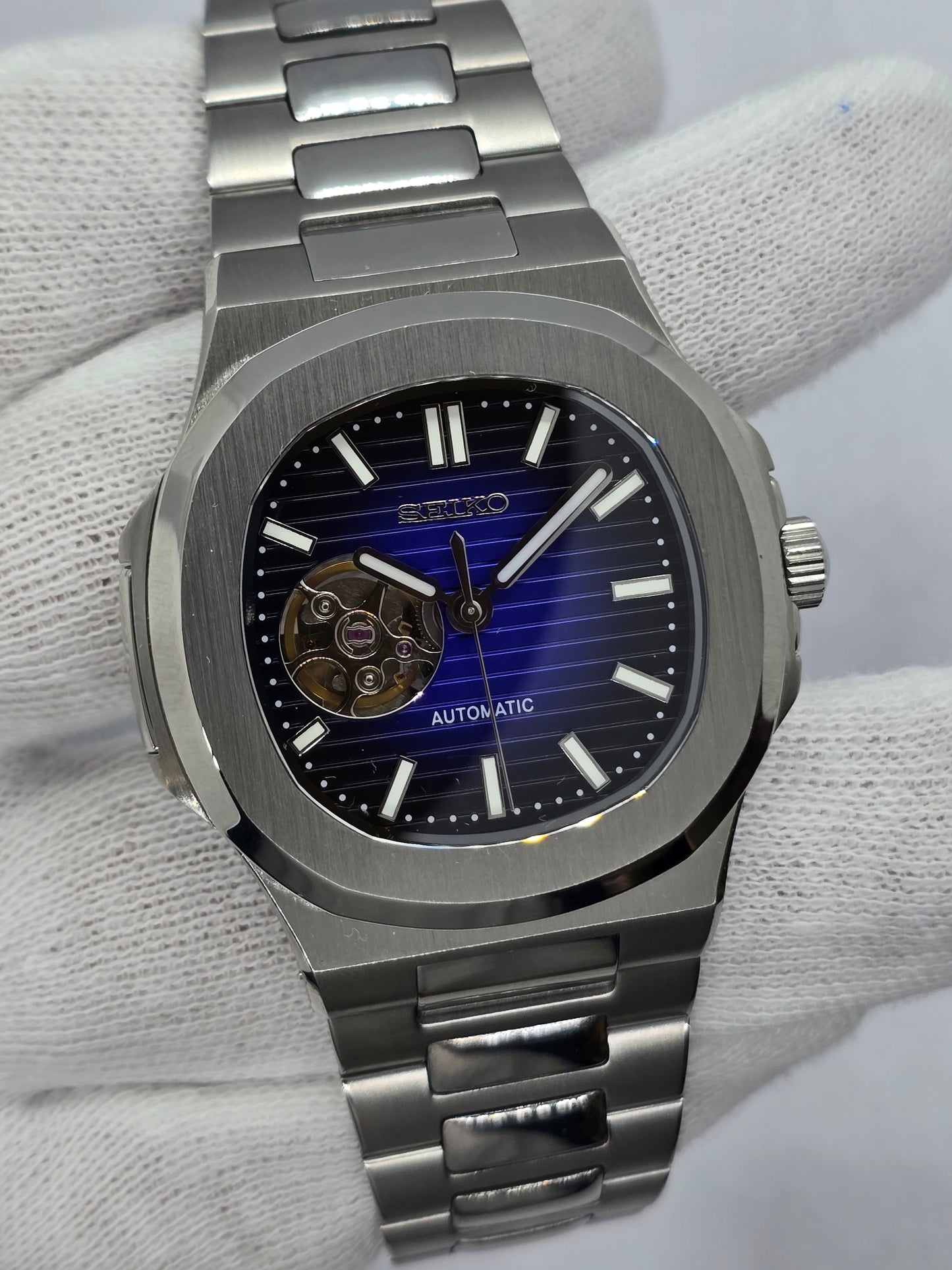 Seiko Mod Nautilus blu "Open Hearth" Nh38 automatico vetro zaffiro