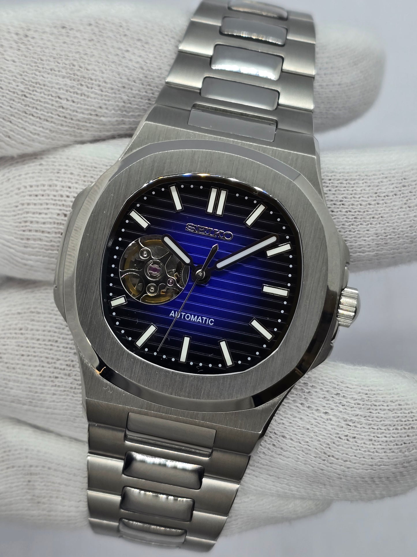 Seiko Mod Nautilus blu "Open Hearth" Nh38 automatico vetro zaffiro