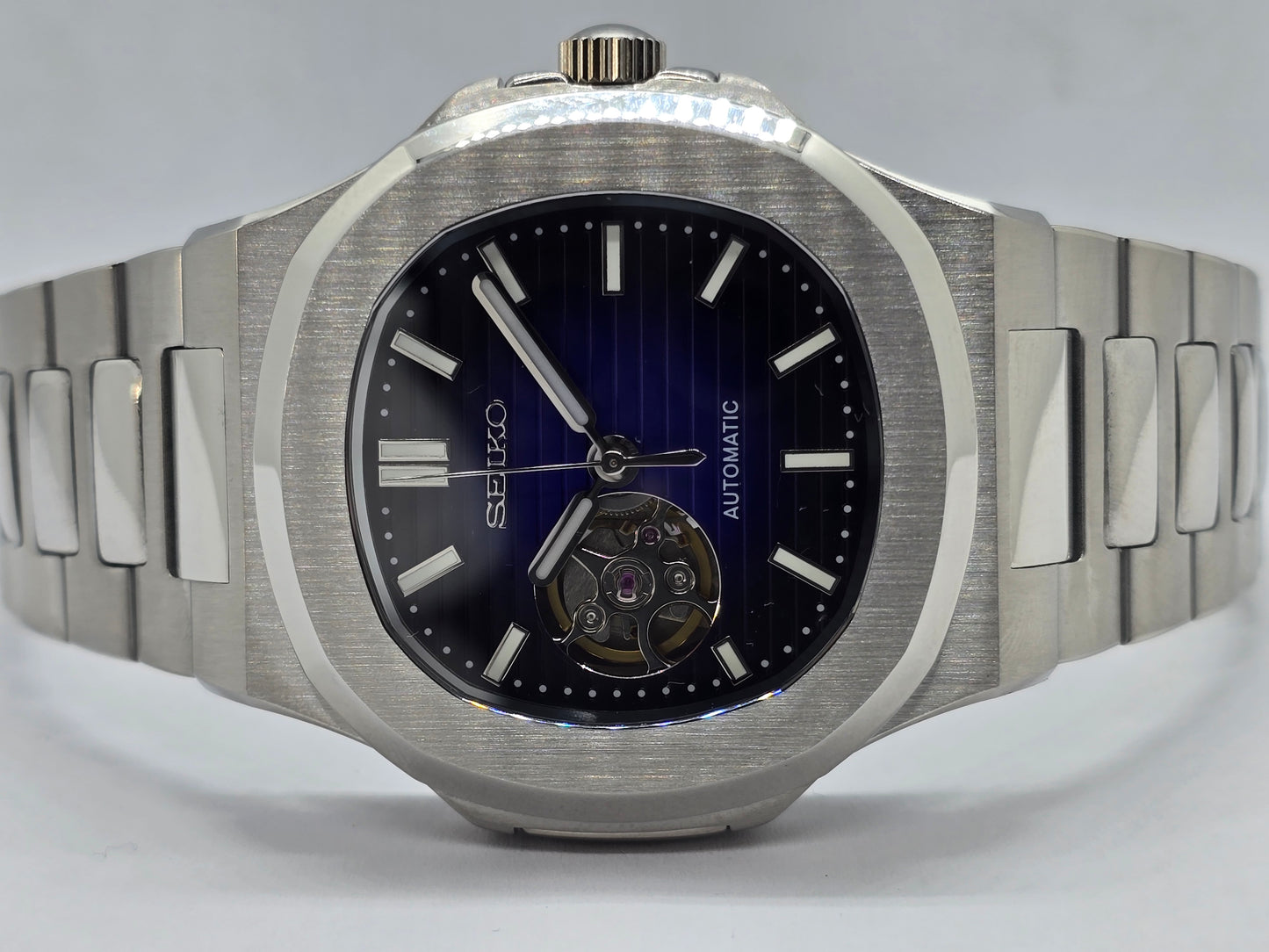 Seiko Mod Nautilus blu "Open Hearth" Nh38 automatico vetro zaffiro