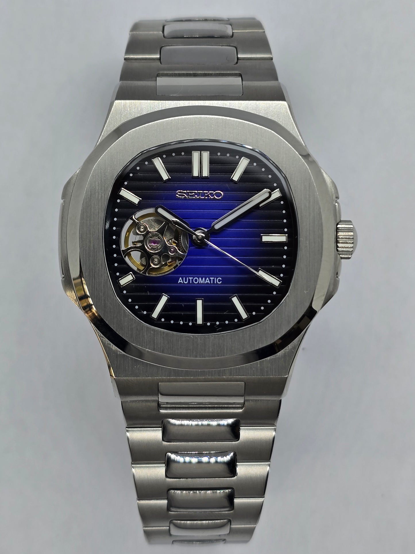 Seiko Mod Nautilus blu "Open Hearth" Nh38 automatico vetro zaffiro