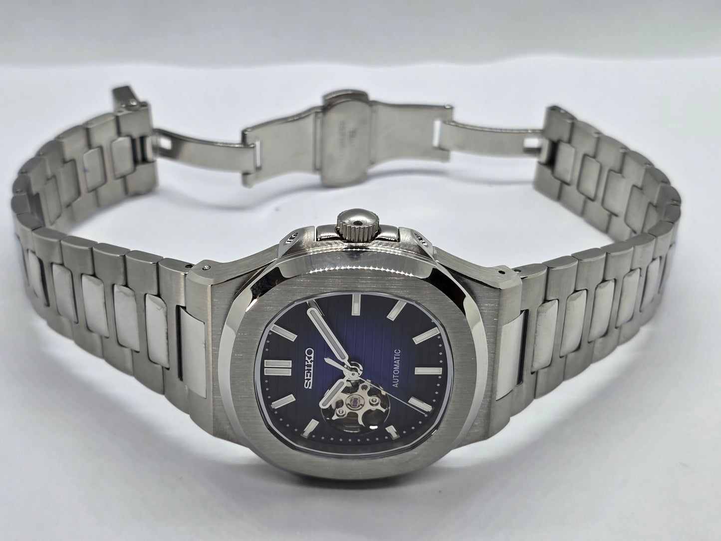 Seiko Mod Nautilus blu "Open Hearth" Nh38 automatico vetro zaffiro