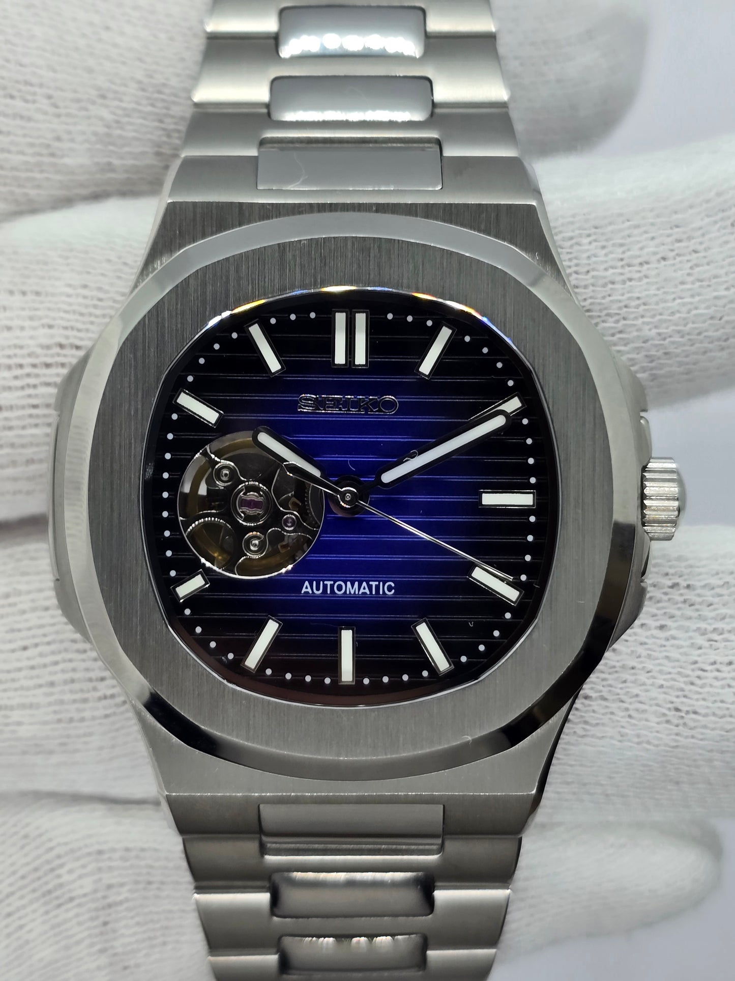 Seiko Mod Nautilus blu "Open Hearth" Nh38 automatico vetro zaffiro