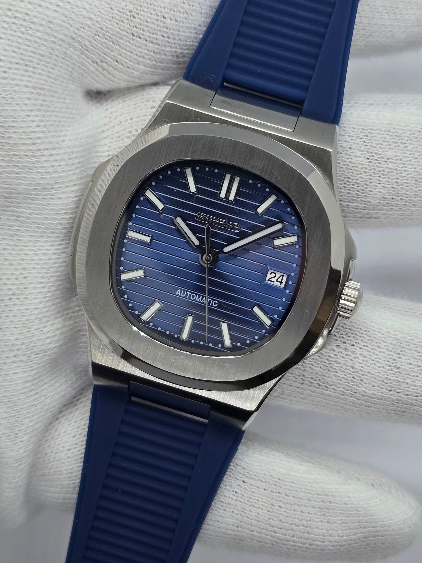 Seiko Mod Nautilus blu Nh35 automatico con cinturino in gomma blu