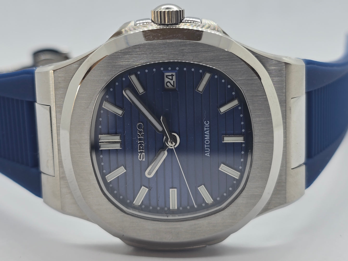 Seiko Mod Nautilus blu Nh35 automatico con cinturino in gomma blu