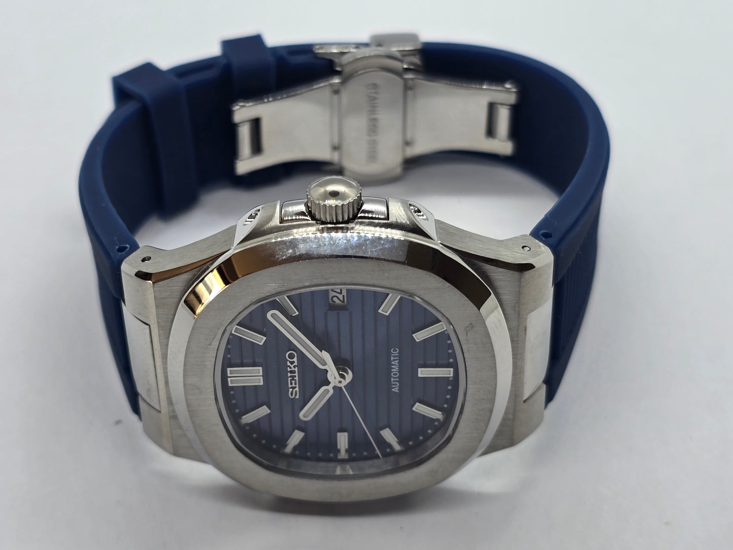 Seiko Mod Nautilus blu Nh35 automatico con cinturino in gomma blu