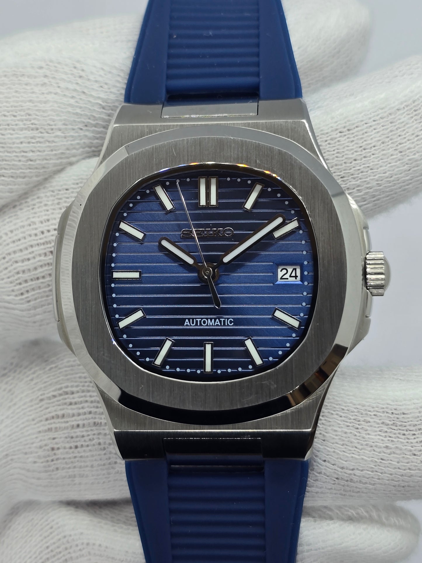 Seiko Mod Nautilus blu Nh35 automatico con cinturino in gomma blu