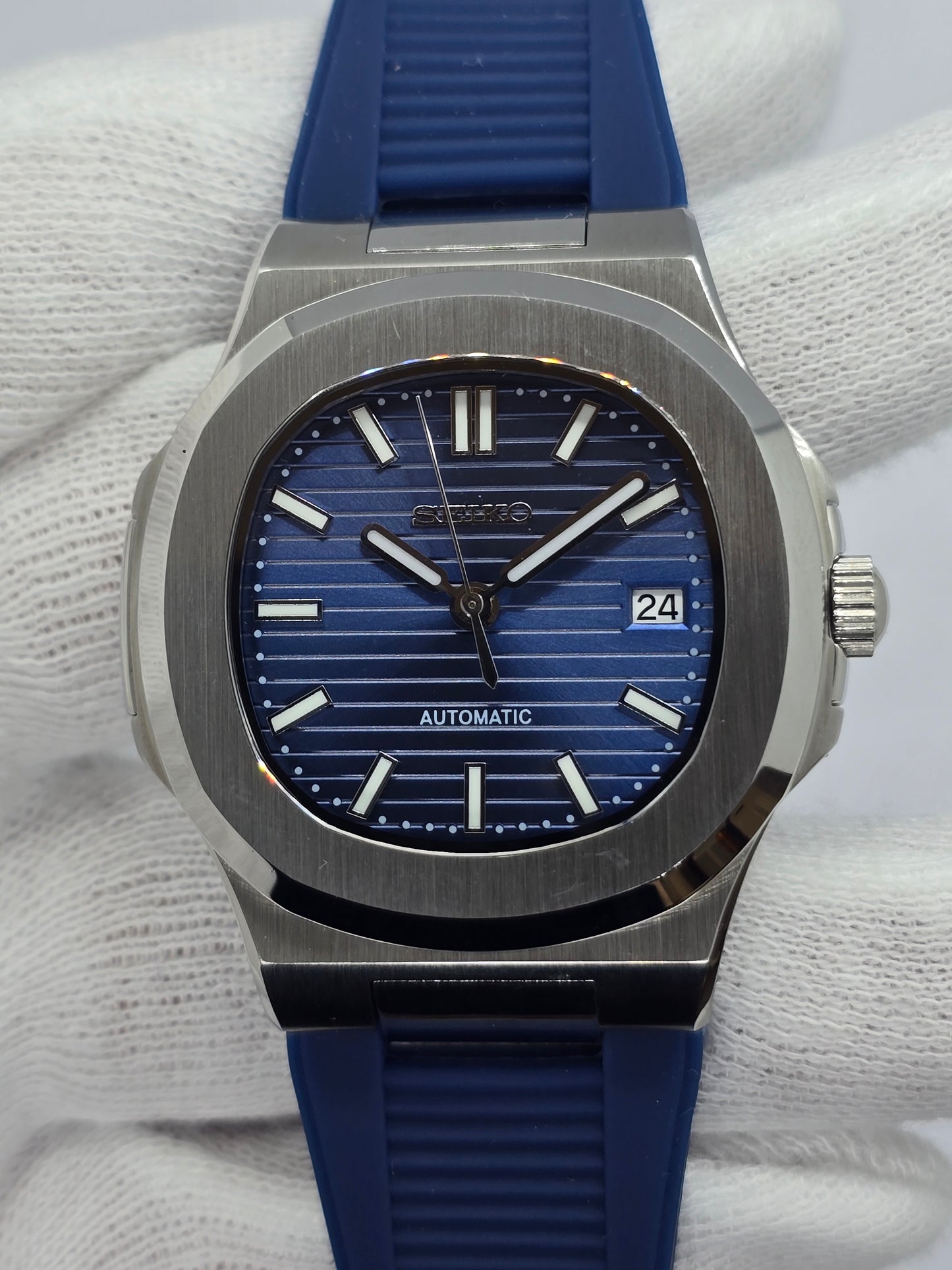 Seiko Mod Nautilus blu Nh35 automatico con cinturino in gomma blu