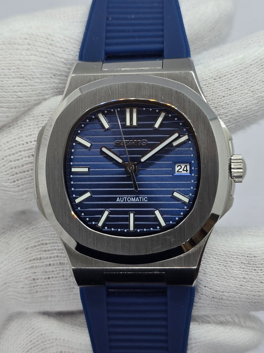 Seiko Mod Nautilus blu Nh35 automatico con cinturino in gomma blu