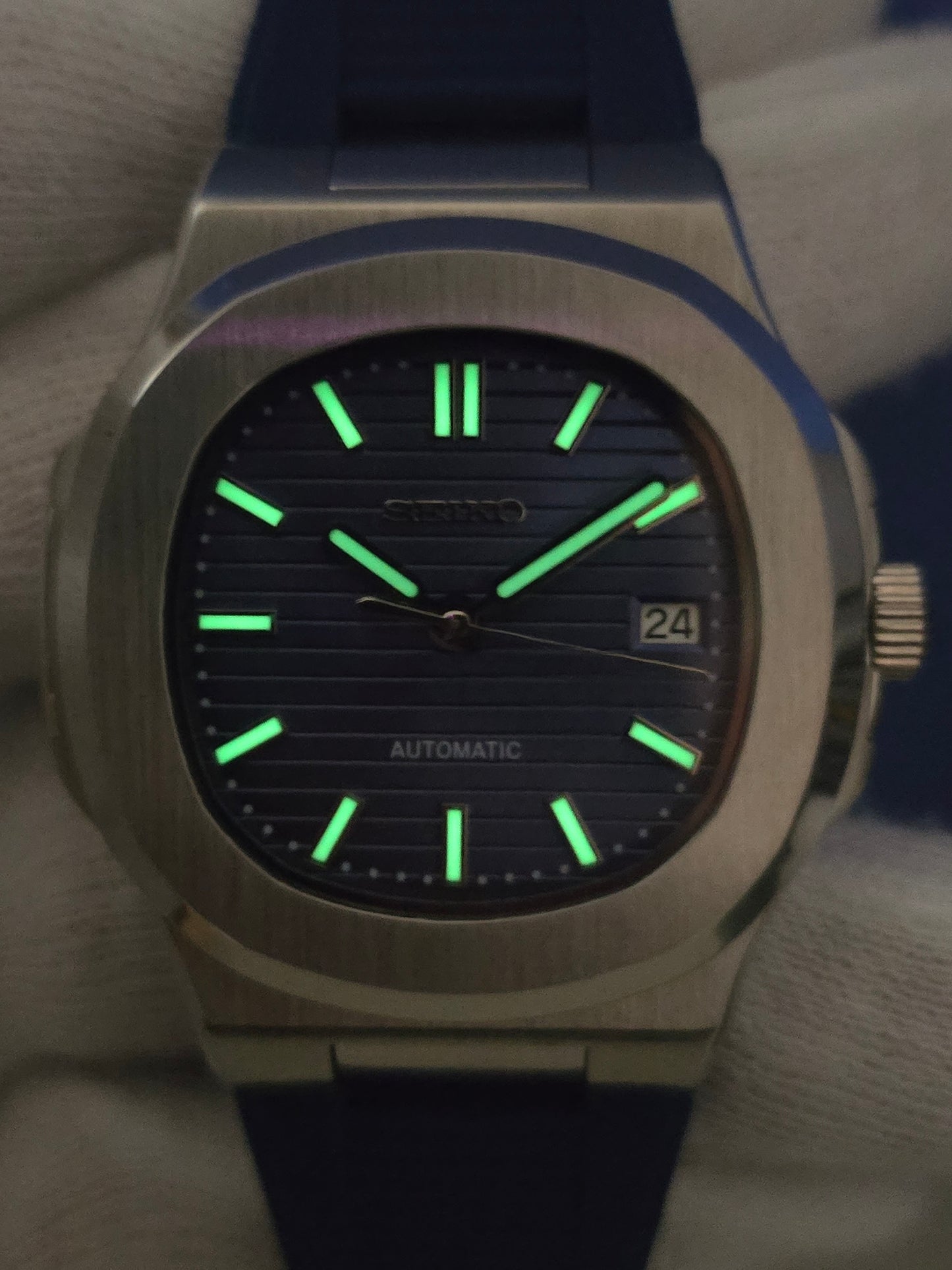 Seiko Mod Nautilus blu Nh35 automatico con cinturino in gomma blu