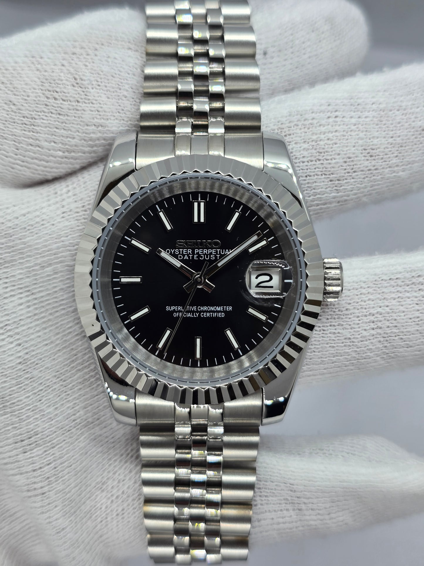 Seiko Mod Datejust nero Nh35 automatico 39mm vetro zaffiro