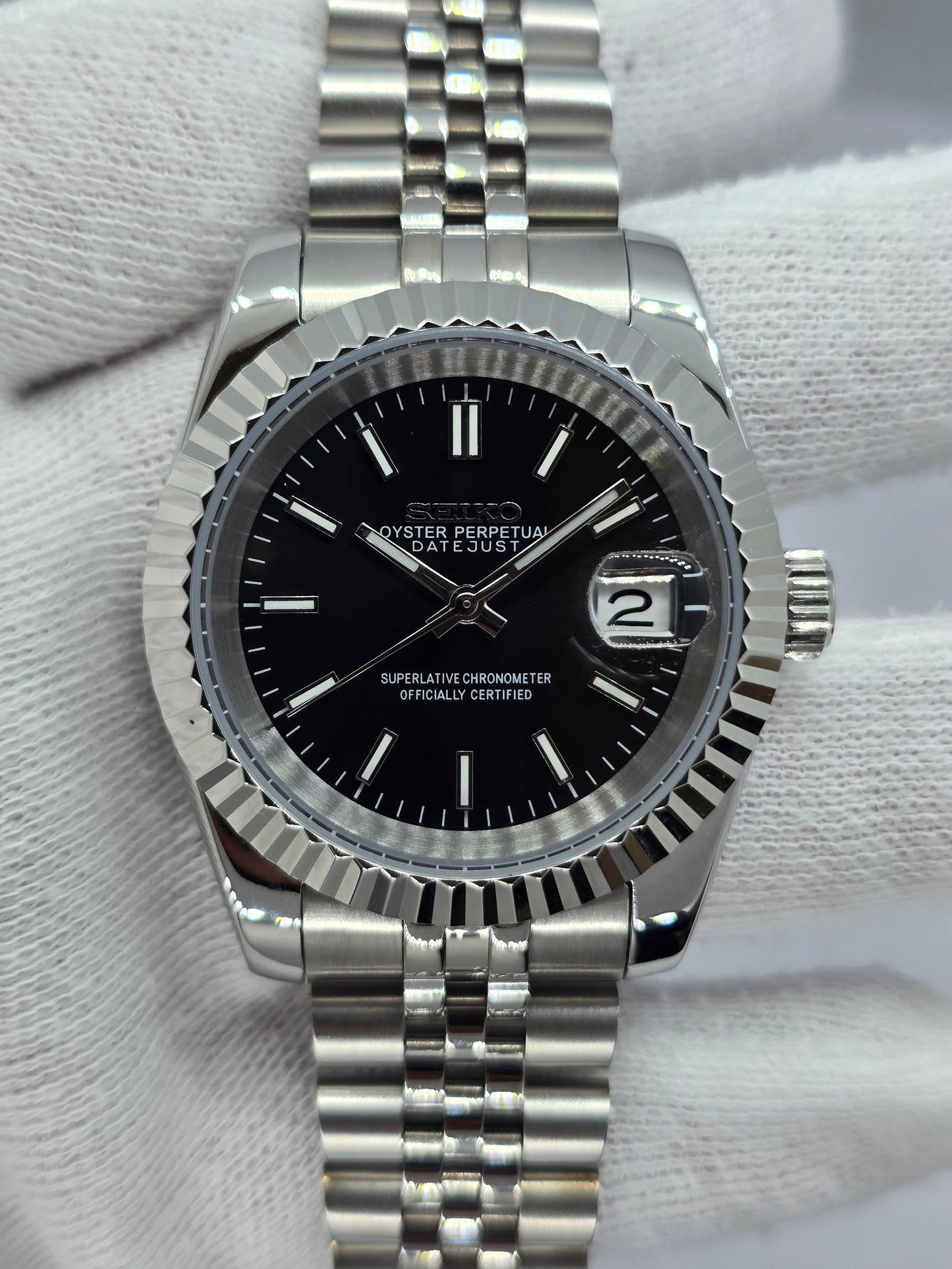 Seiko Mod Datejust nero Nh35 automatico 39mm vetro zaffiro
