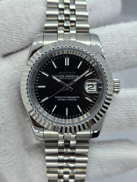 Seiko Mod Datejust nero Nh35 automatico 39mm vetro zaffiro