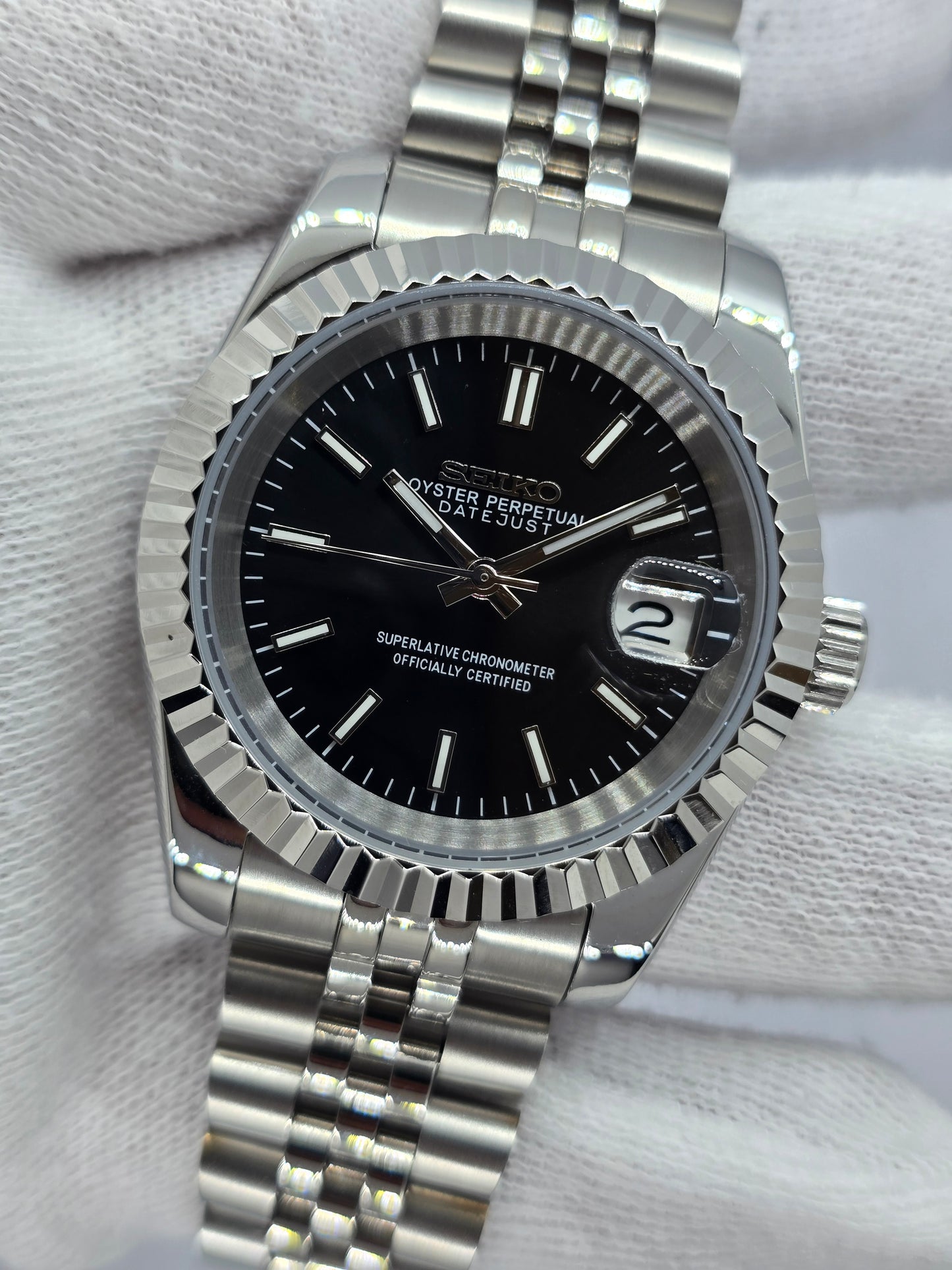Seiko Mod Datejust nero Nh35 automatico 39mm vetro zaffiro