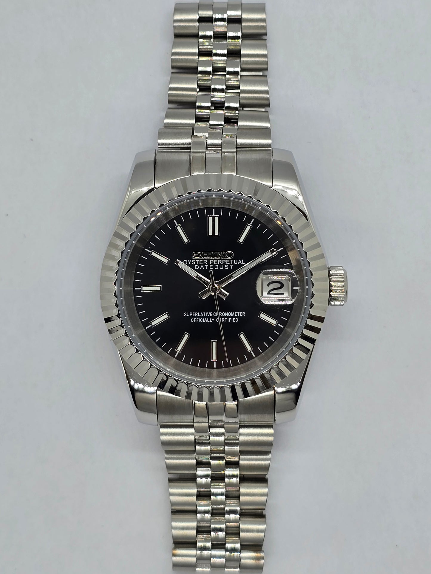 Seiko Mod Datejust nero Nh35 automatico 39mm vetro zaffiro
