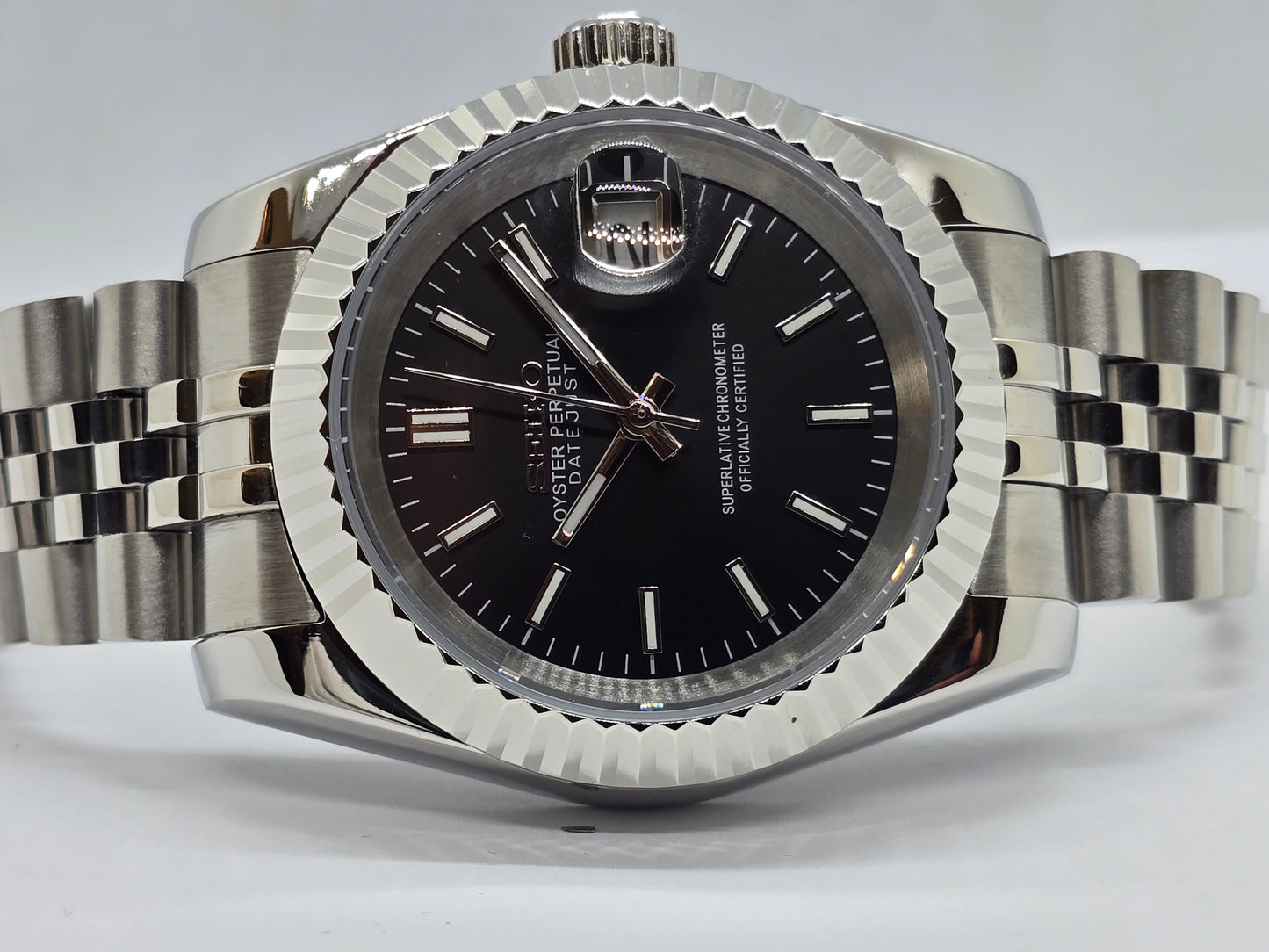 Seiko Mod Datejust nero Nh35 automatico 39mm vetro zaffiro